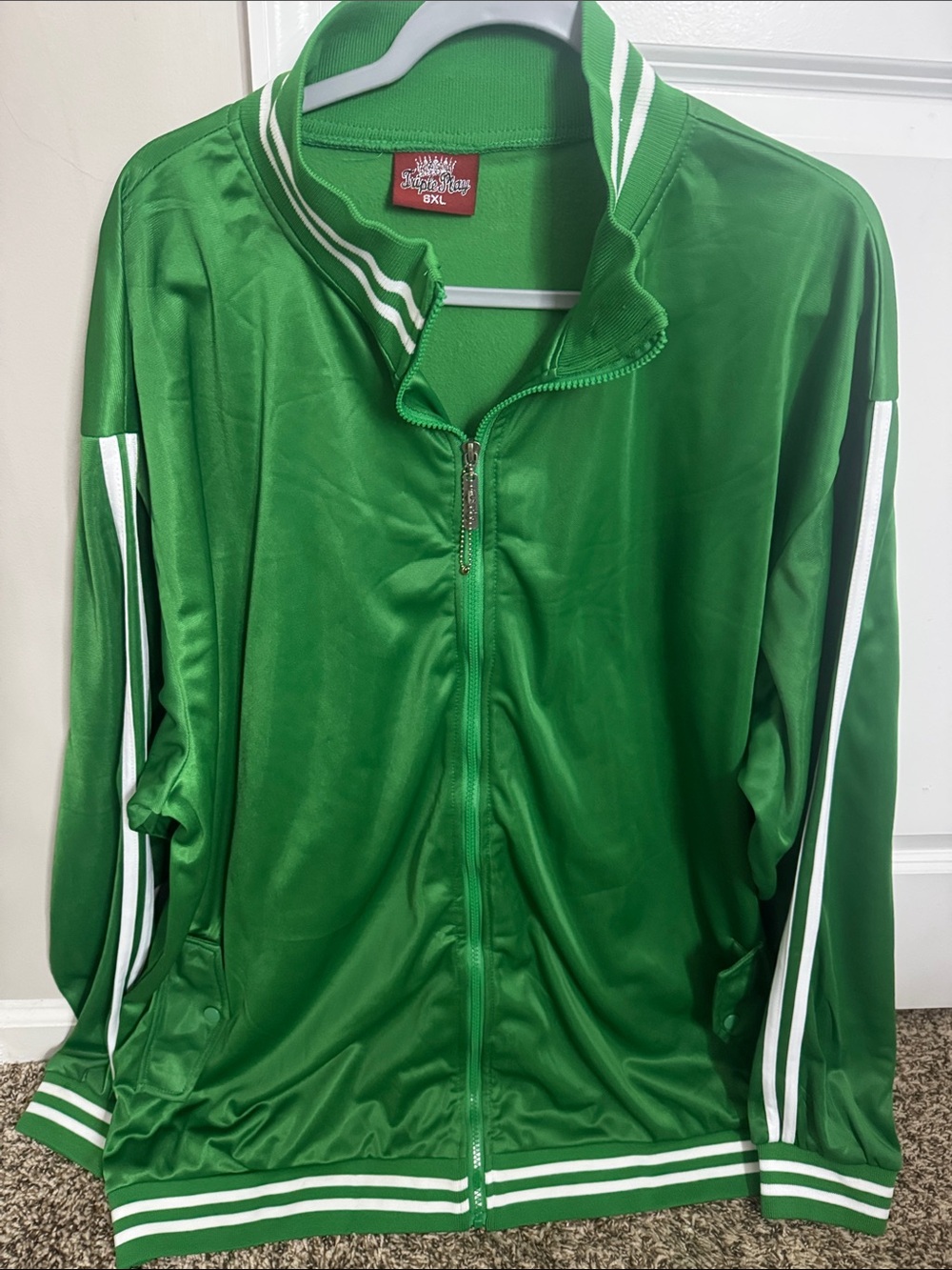 Men's Green Zip-Front Bomber Jacket with White Stripe Accents